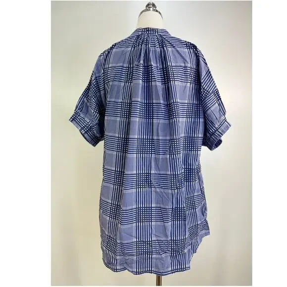 Never A Wallflower Elastic Sleeve Dress Navy Blue Plaid Printed Cotton Mini - Picture 7 of 8